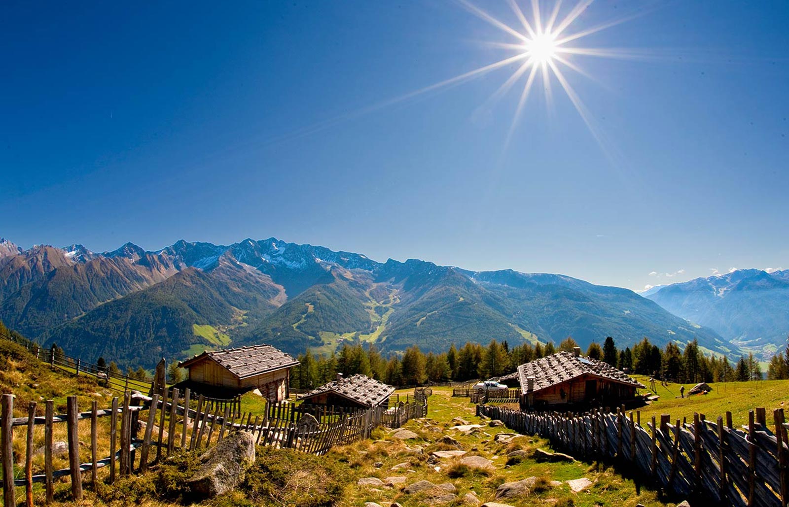 Wonderful view in the South Tyrolean Dolomites in summer, the sun is shining bright.