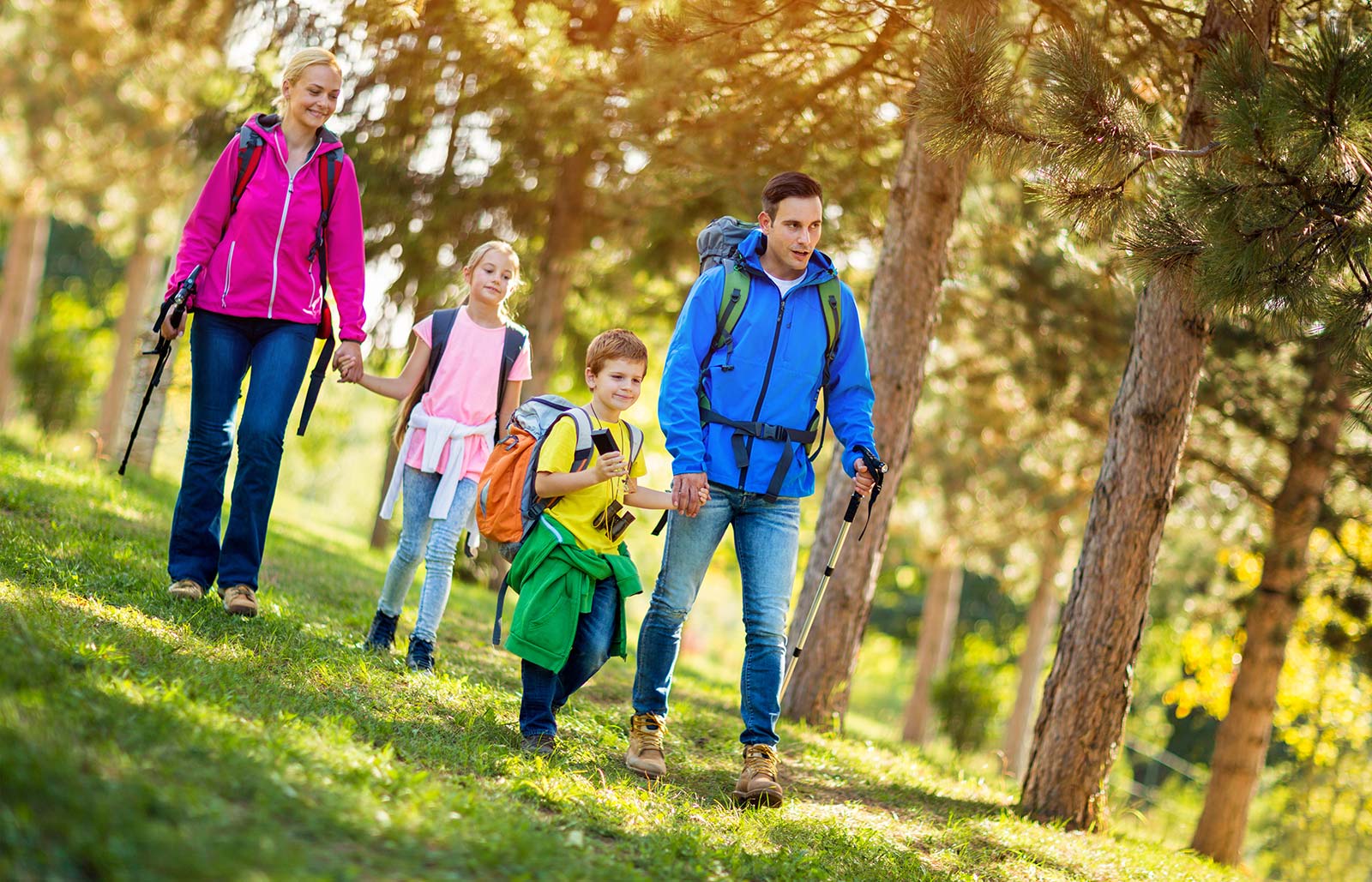 Una famiglia cammina nel bosco in montagna in Valle Aurina